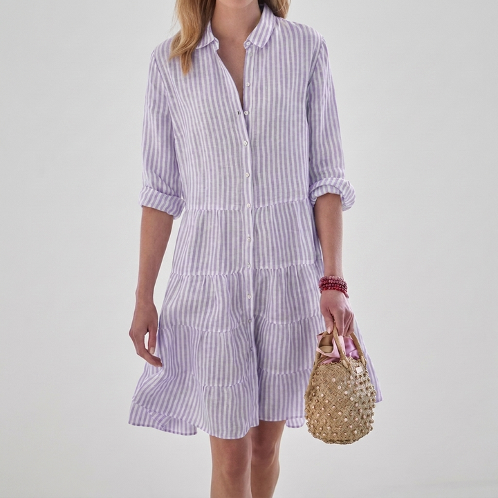 Women's Striped Long Sleeve Button Shirt Dress