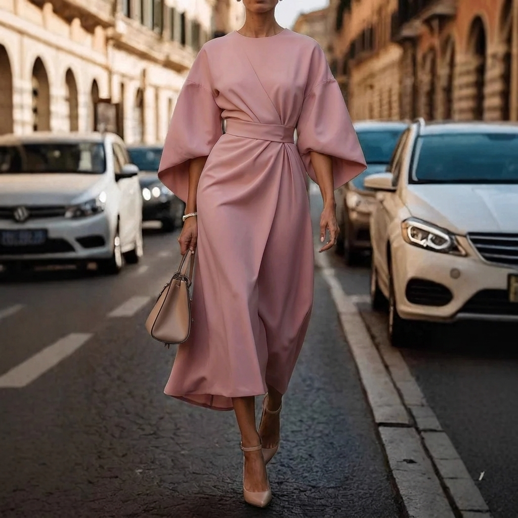 Women's Elegant Loose Sleeve Dress with Waist Detail