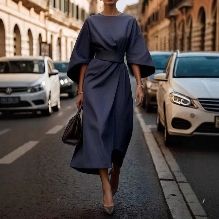 Women's Elegant Loose Sleeve Dress with Waist Detail