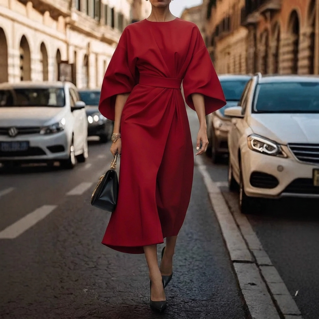 Women's Elegant Loose Sleeve Dress with Waist Detail