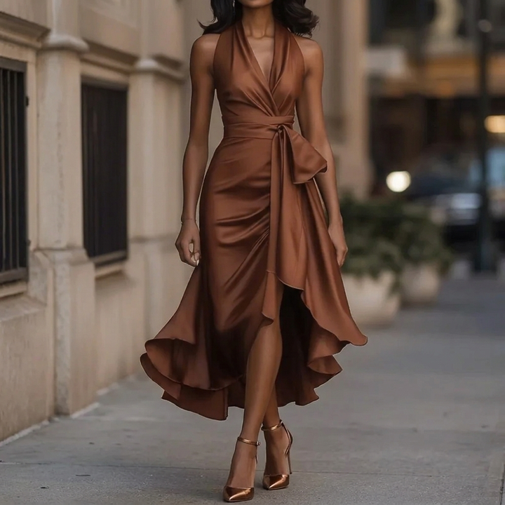 Women's Elegant Deep V-Neck Ruffle Evening Dress