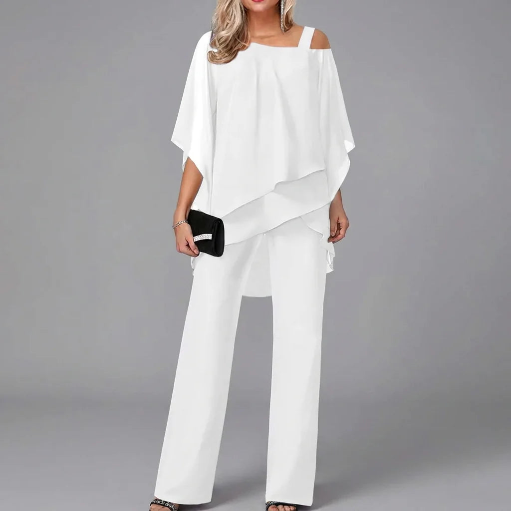 Women’s Two-Piece Set with Batwing Top and Straight-Leg Trousers