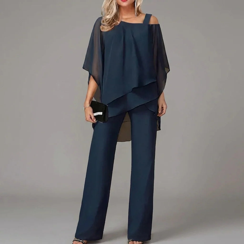 Women’s Two-Piece Set with Batwing Top and Straight-Leg Trousers