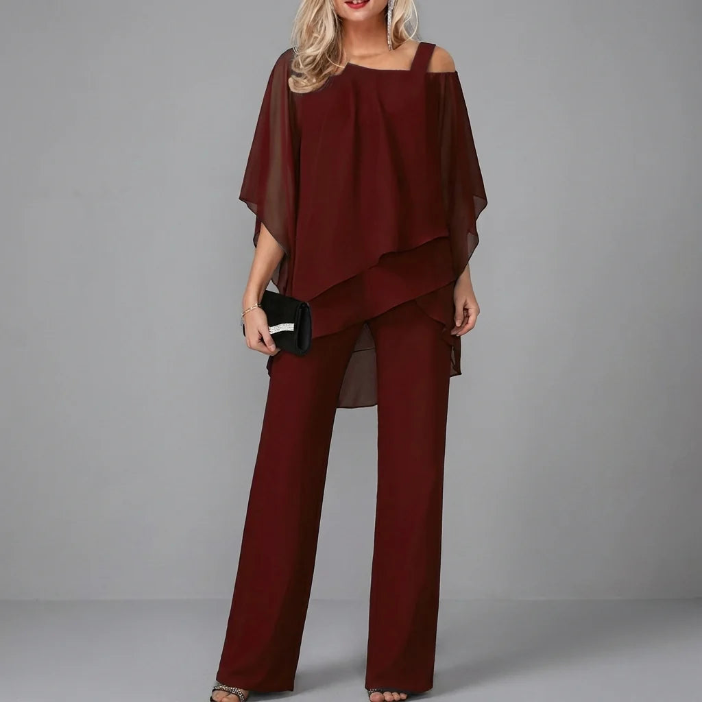 Women’s Two-Piece Set with Batwing Top and Straight-Leg Trousers