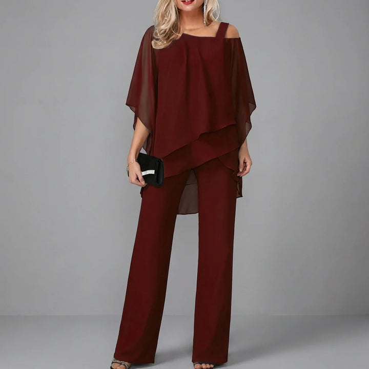 Women’s Two-Piece Set with Batwing Top and Straight-Leg Trousers
