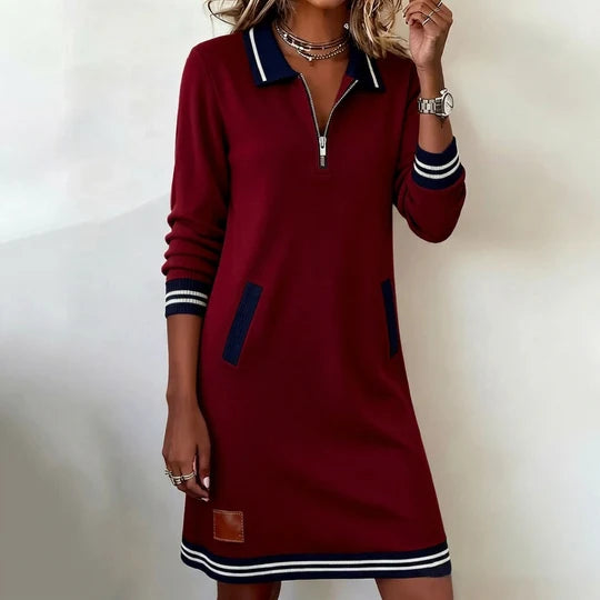 Women’s Casual Dress with Collar and Zipper