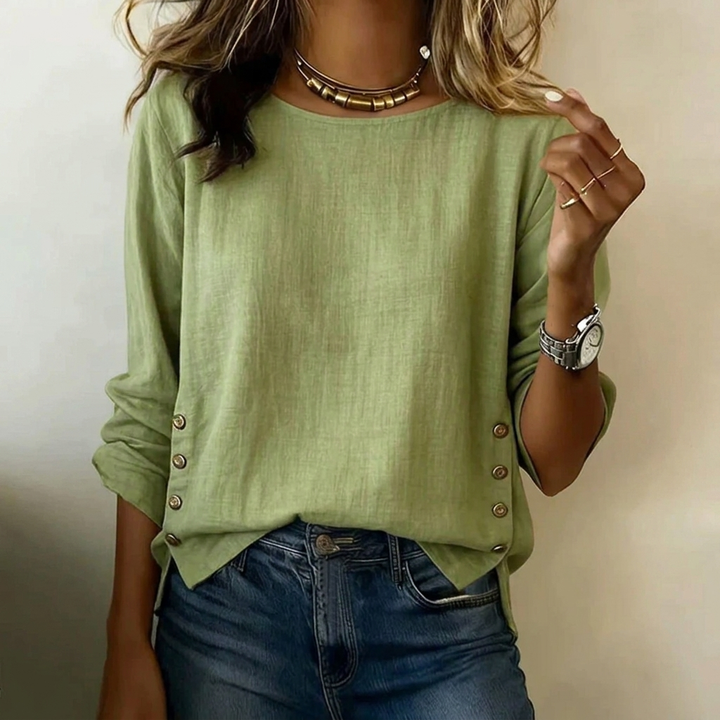 Women's Casual Round Neck Side-Button Linen Top