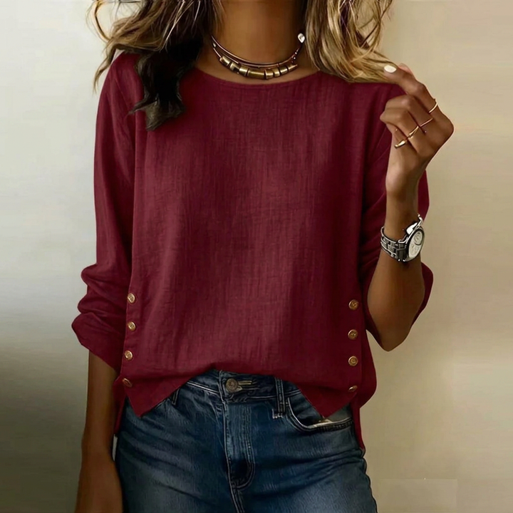 Women's Casual Round Neck Side-Button Linen Top