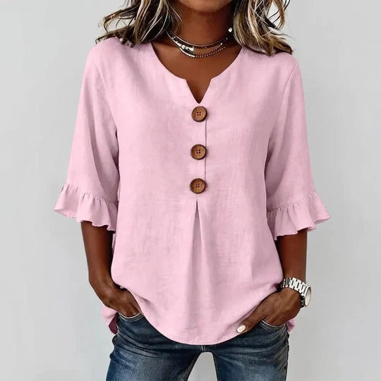Women’s Ruffled Sleeve V-Neck Button Top