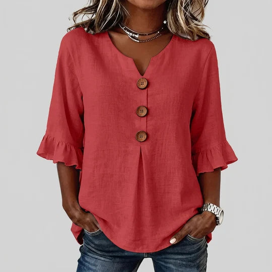 Women’s Ruffled Sleeve V-Neck Button Top