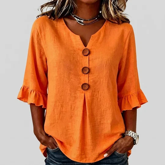Women’s Ruffled Sleeve V-Neck Button Top