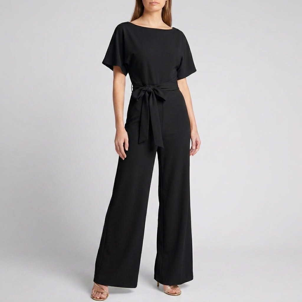 Women's Short Sleeve Belted Wide Leg Jumpsuit