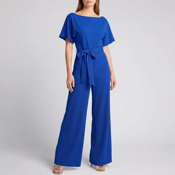Women's Short Sleeve Belted Wide Leg Jumpsuit
