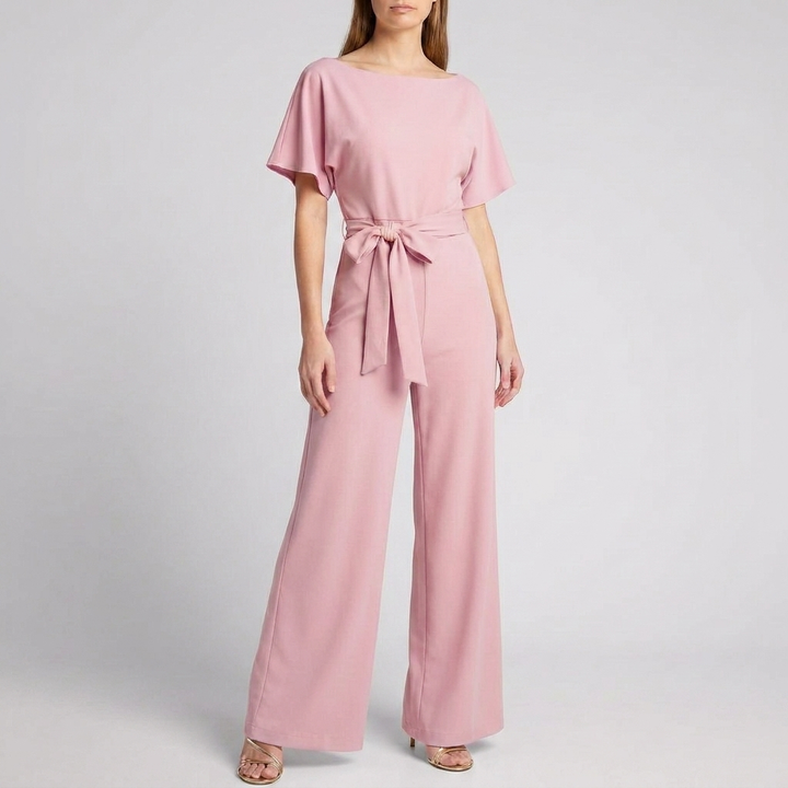 Women's Short Sleeve Belted Wide Leg Jumpsuit