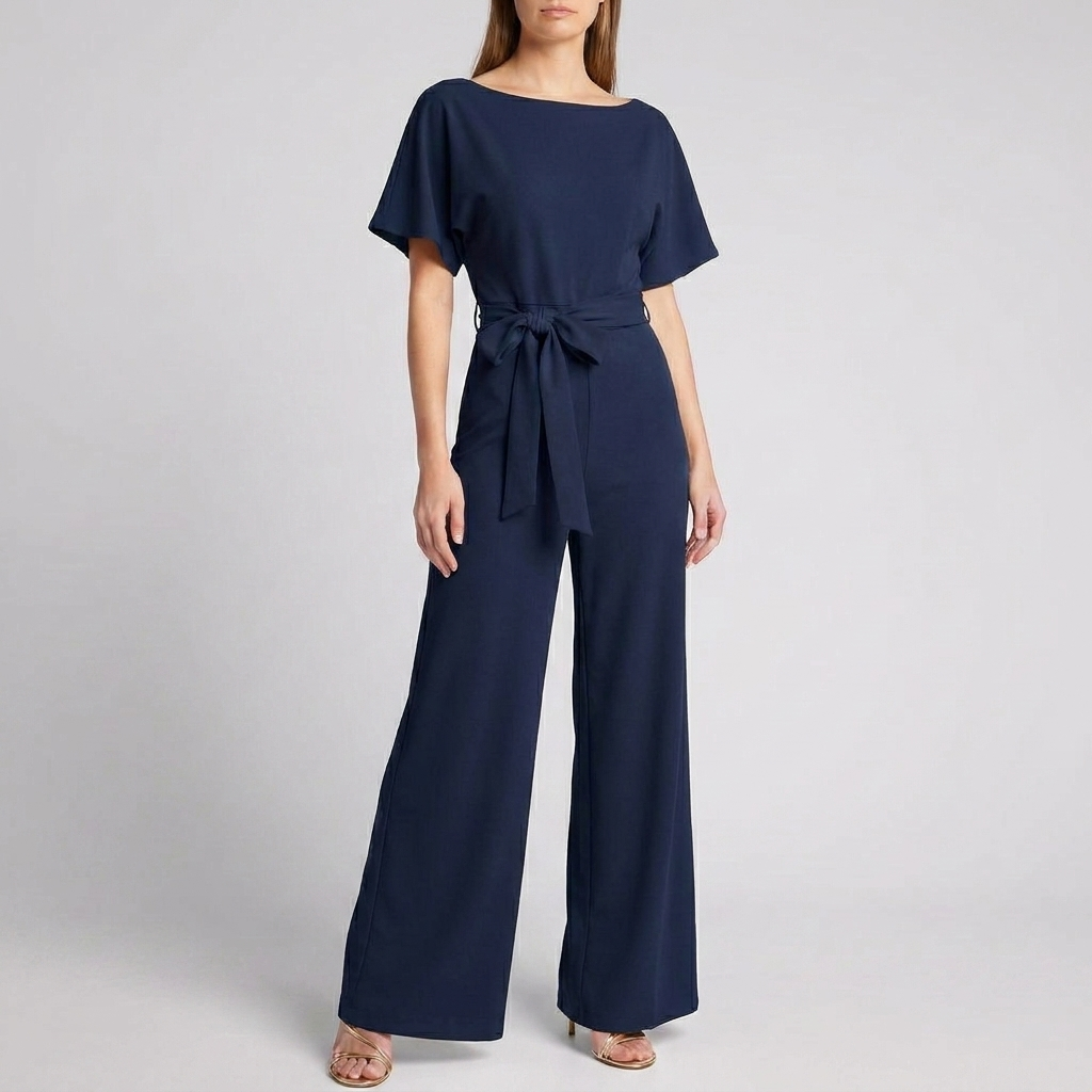 Women's Short Sleeve Belted Wide Leg Jumpsuit