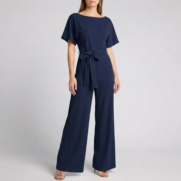 Women's Short Sleeve Belted Wide Leg Jumpsuit