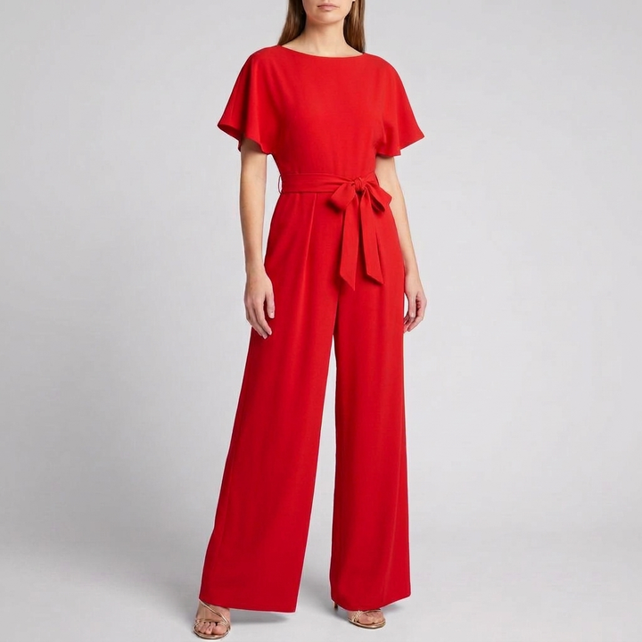 Women's Short Sleeve Belted Wide Leg Jumpsuit