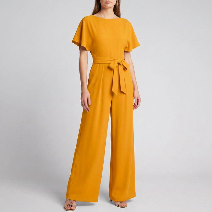 Women's Short Sleeve Belted Wide Leg Jumpsuit