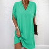 Women's V-neck Pleated Batwing Sleeve Dress
