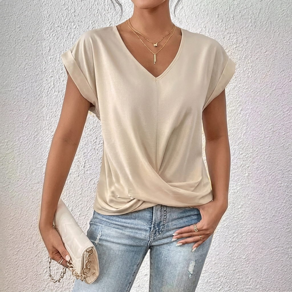 Women’s V-Neck Short Sleeve Top with Twist Knot Detail