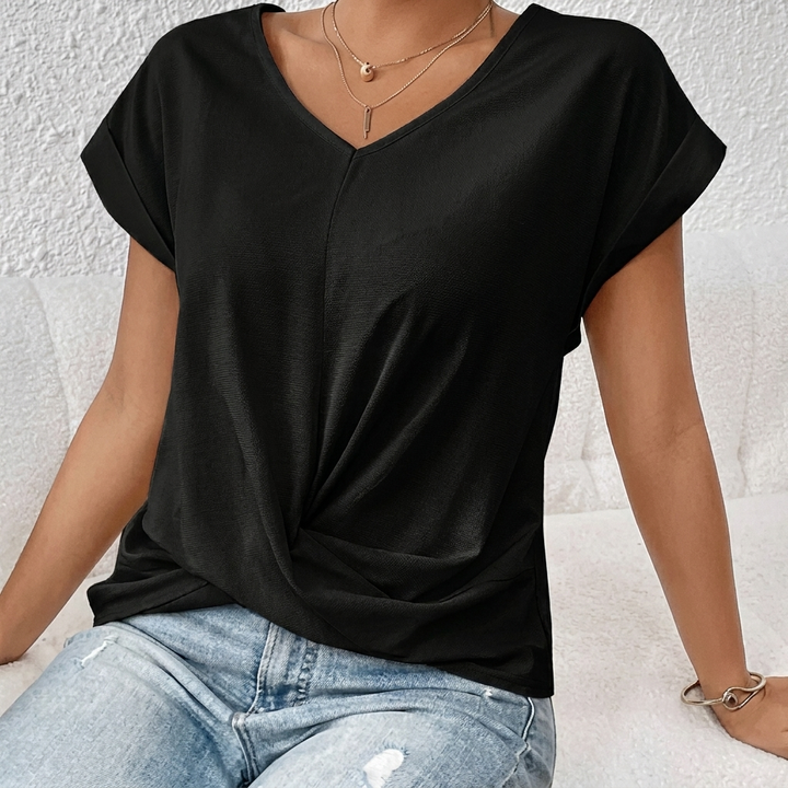Women’s V-Neck Short Sleeve Top with Twist Knot Detail