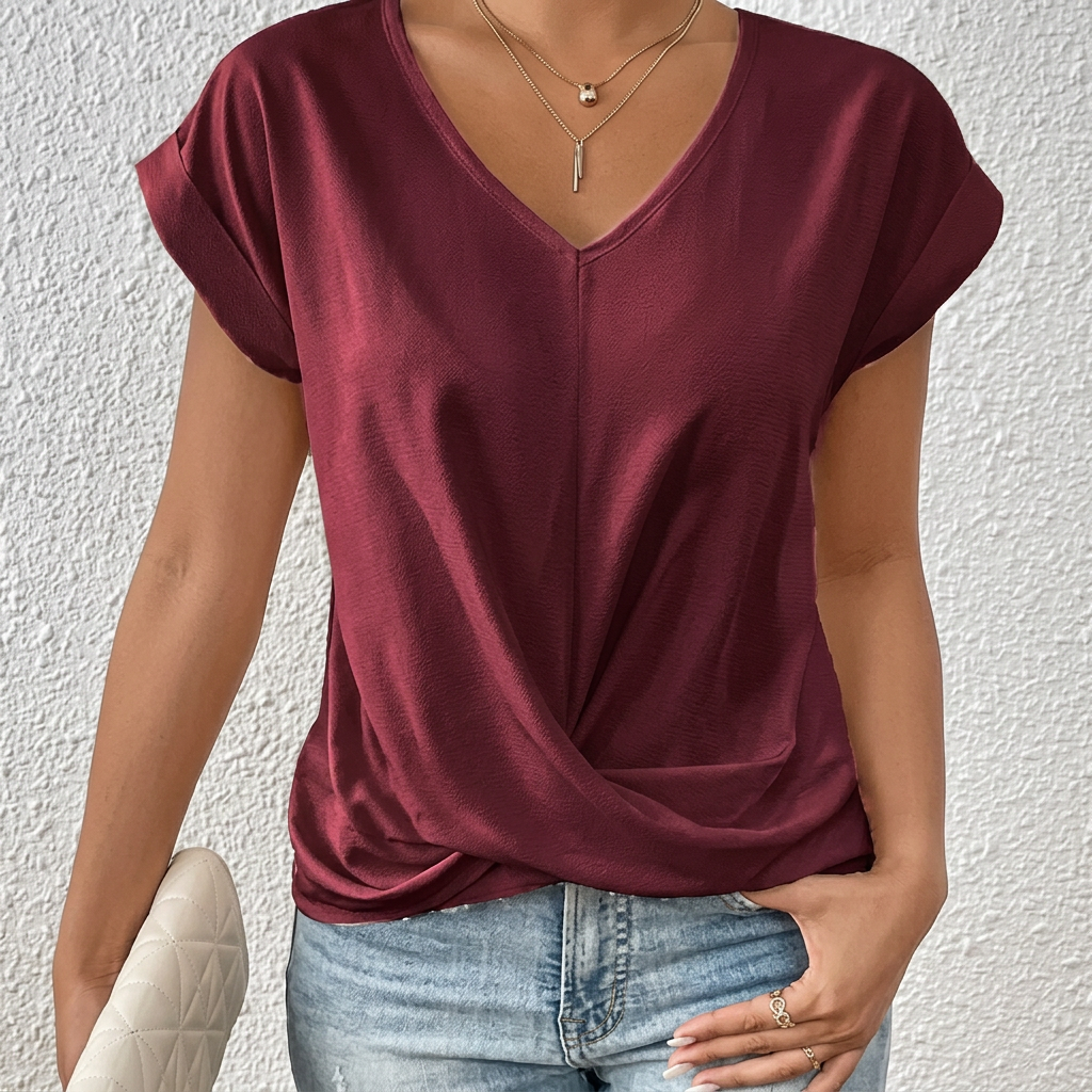 Women’s V-Neck Short Sleeve Top with Twist Knot Detail