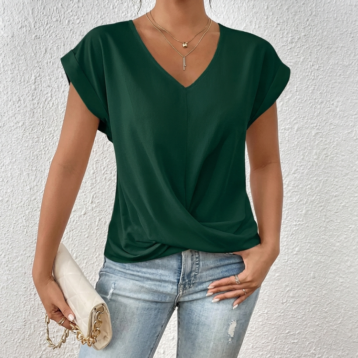 Women’s V-Neck Short Sleeve Top with Twist Knot Detail