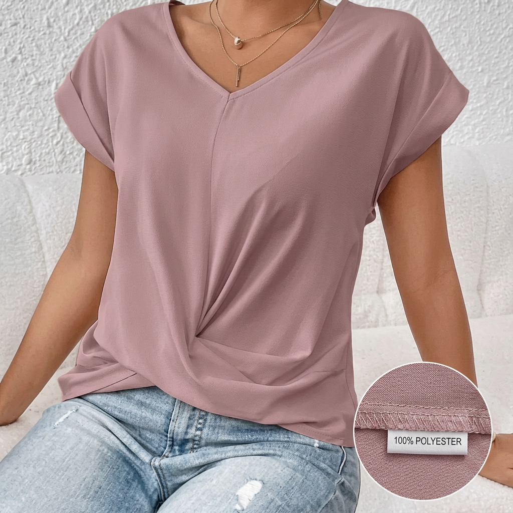 Women’s V-Neck Short Sleeve Top with Twist Knot Detail