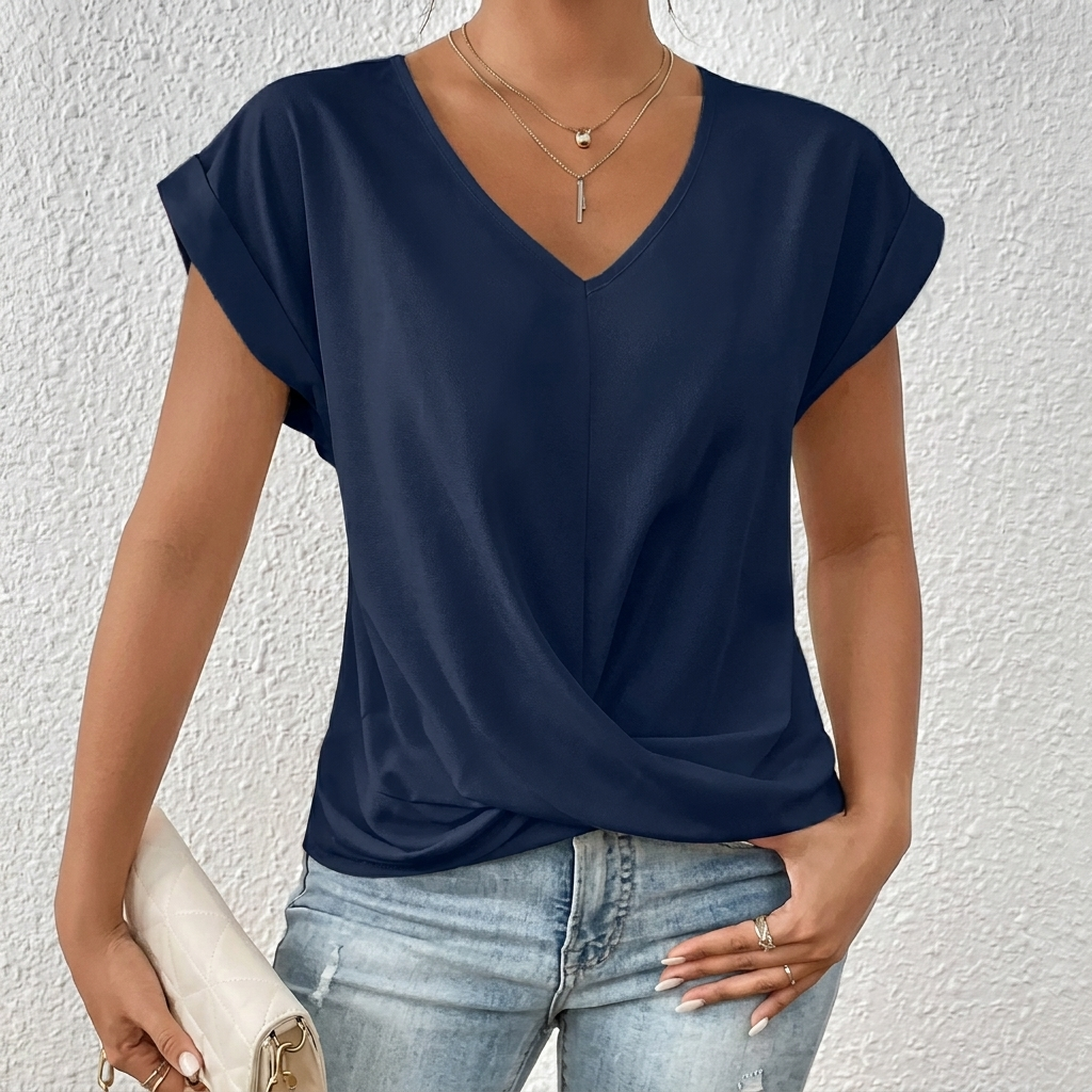 Women’s V-Neck Short Sleeve Top with Twist Knot Detail