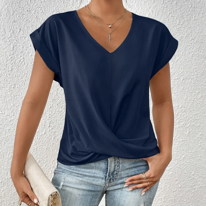 Women’s V-Neck Short Sleeve Top with Twist Knot Detail