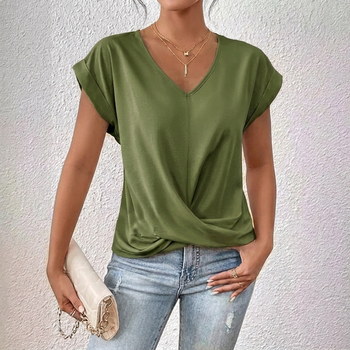 Women’s V-Neck Short Sleeve Top with Twist Knot Detail