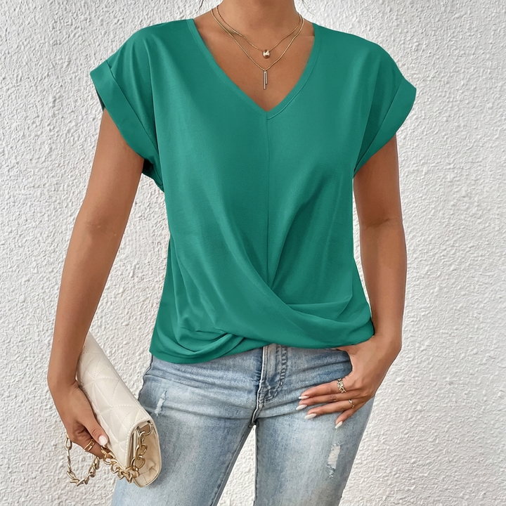 Women’s V-Neck Short Sleeve Top with Twist Knot Detail