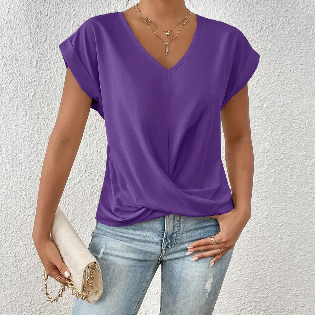 Women’s V-Neck Short Sleeve Top with Twist Knot Detail