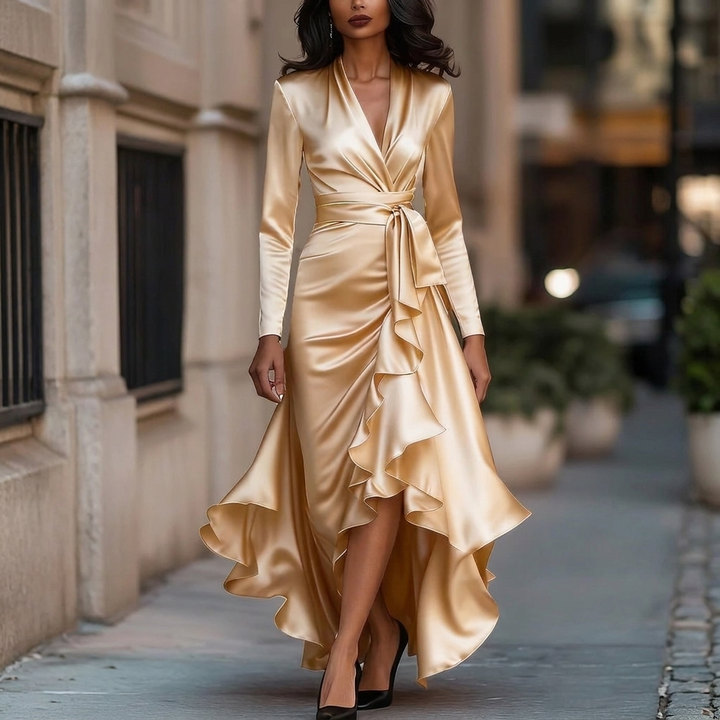 Women’s Satin V-Neck Dress with Cinched Waist and Ruffle Hem