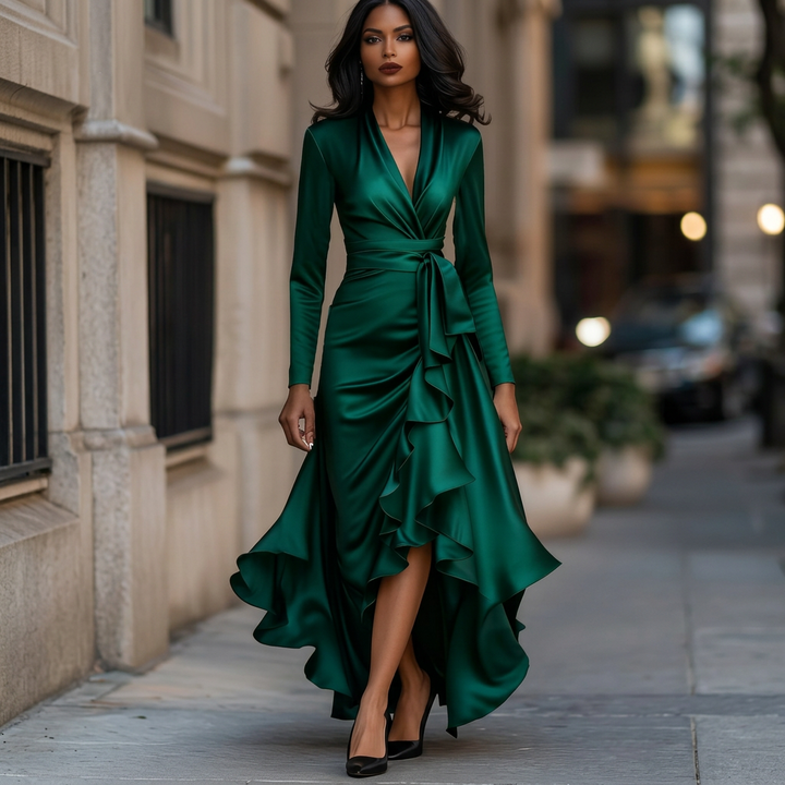 Women’s Satin V-Neck Dress with Cinched Waist and Ruffle Hem