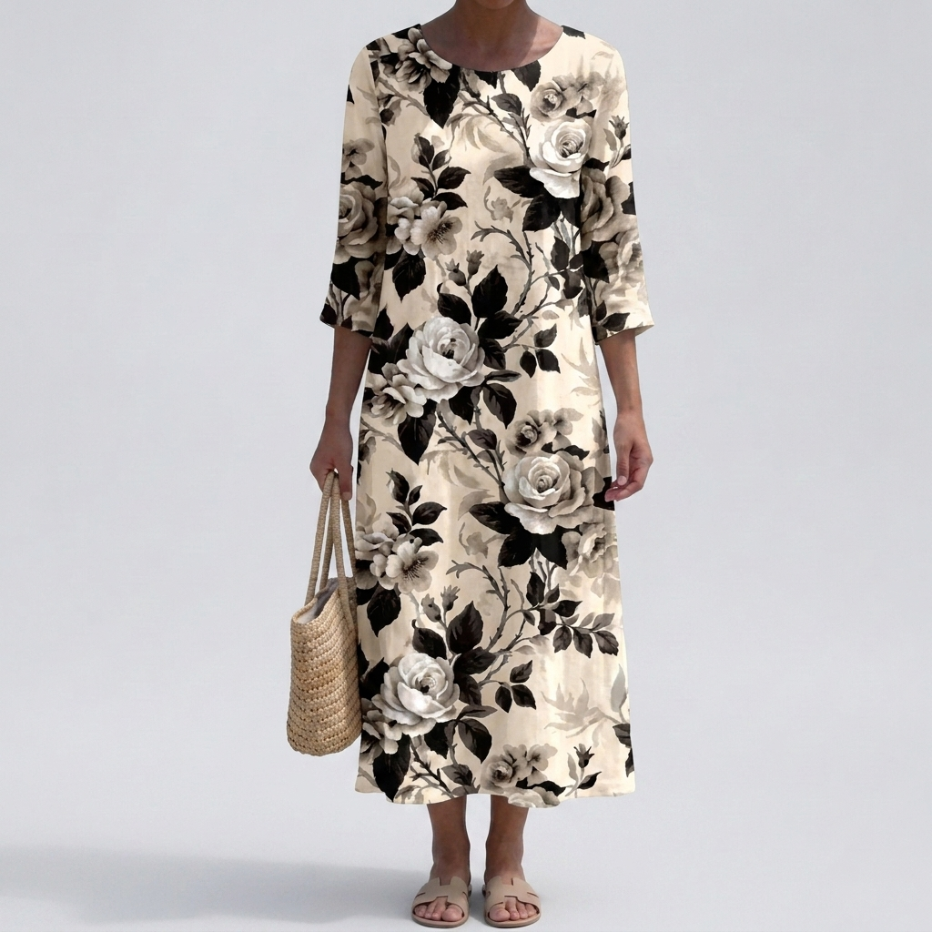 Women's Floral Print Round Neck Midi Dress