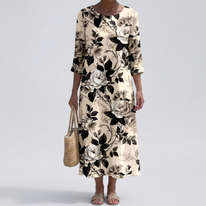 Women's Floral Print Round Neck Midi Dress
