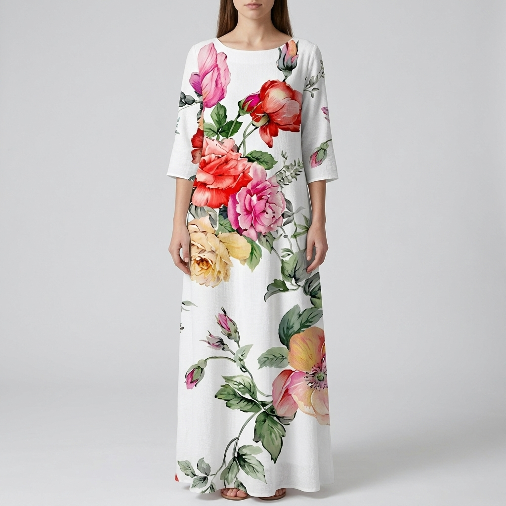 Women's Floral Print Round Neck Midi Dress