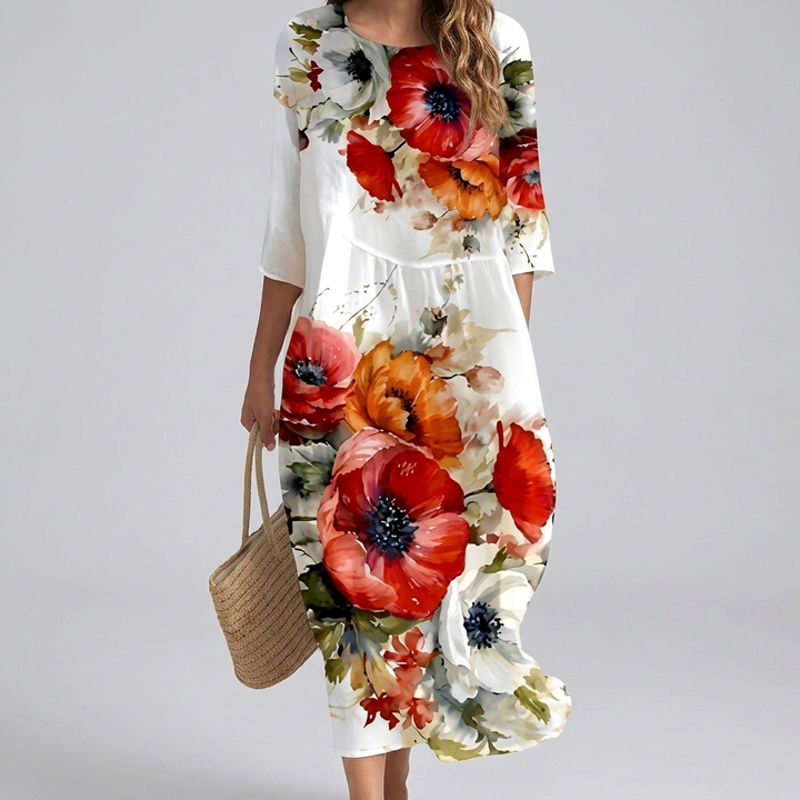 Women's Floral Print Round Neck Midi Dress