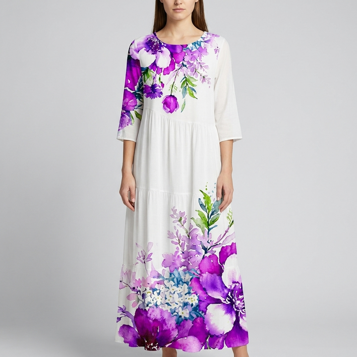 Women's Floral Print Round Neck Midi Dress