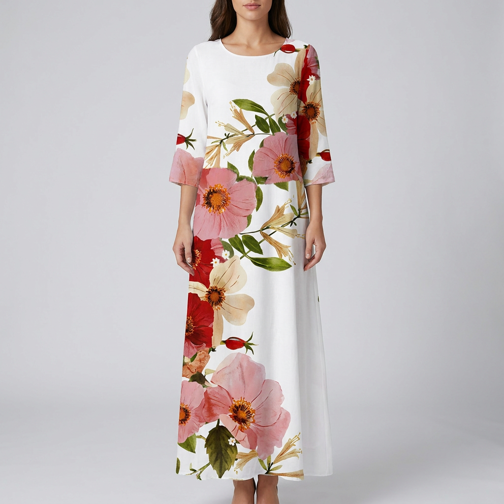 Women's Floral Print Round Neck Midi Dress