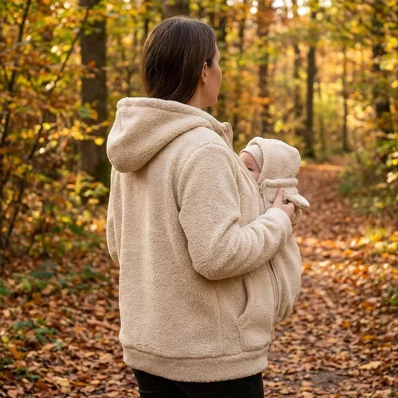 Cozy fleece baby-carrying hoodie with front pouch