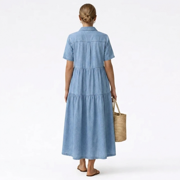 Denim-Print Midi Dress – Relaxed Cut with Front Button Placket
