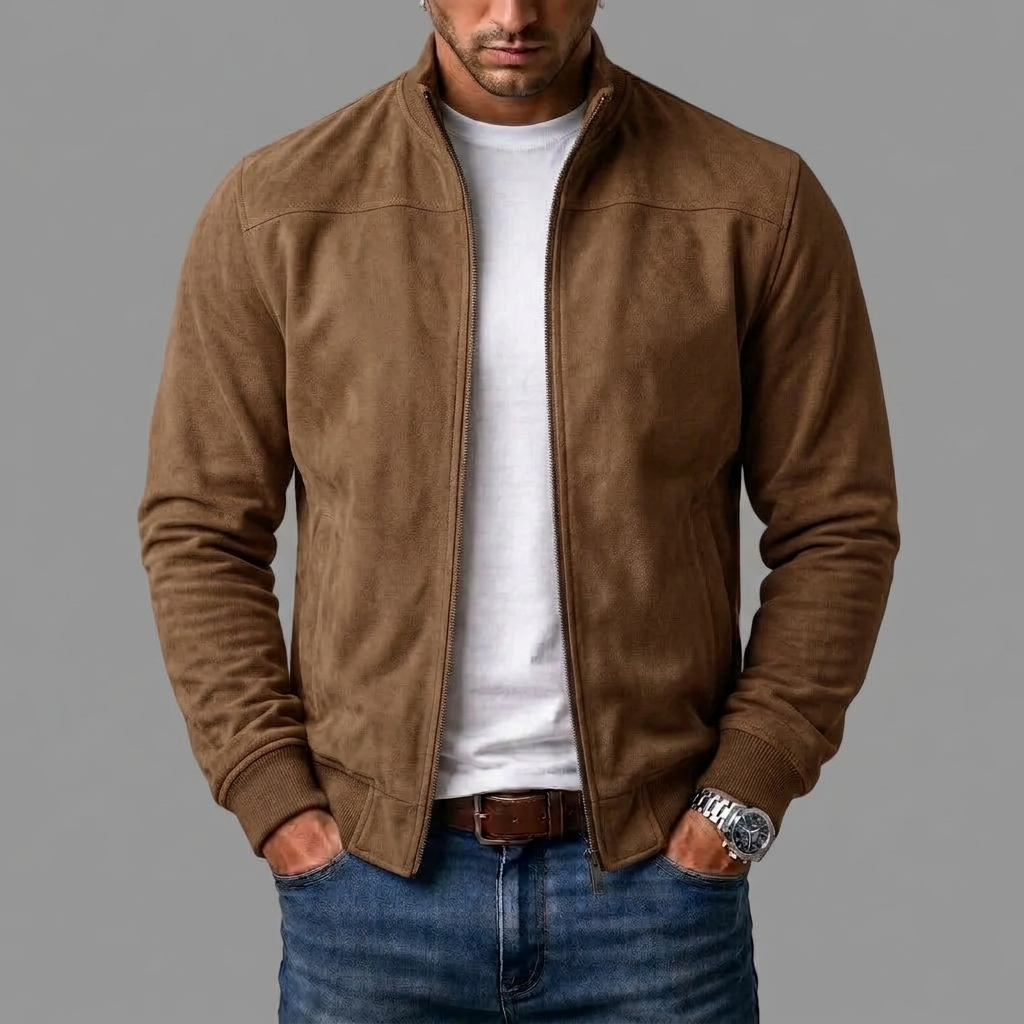 Men's Faux Suede Bomber Jacket with Stand Collar and Full-Length Zip