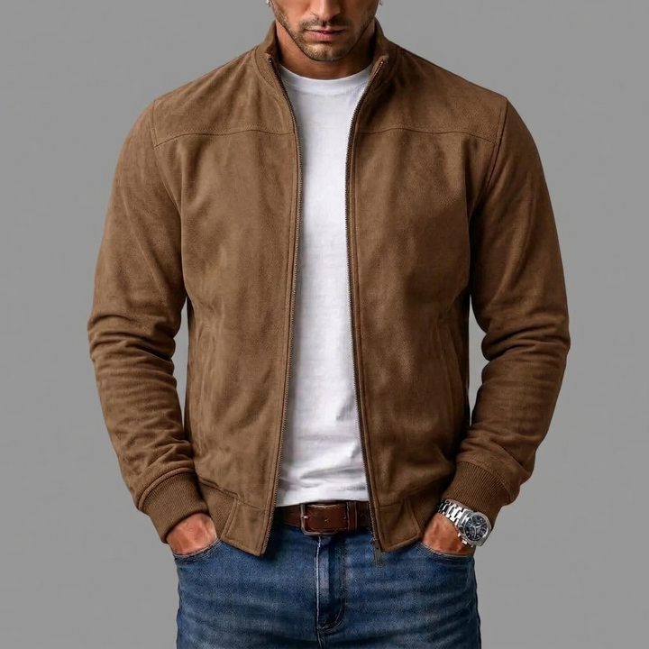 Men's Faux Suede Bomber Jacket with Stand Collar and Full-Length Zip