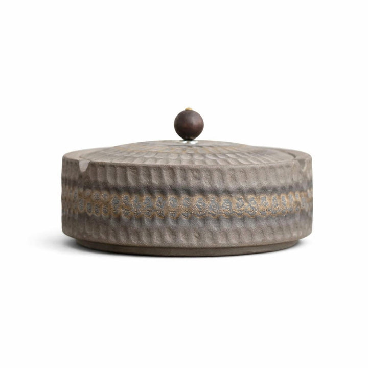 Handmade Ceramic Ashtray with Wooden Lid, 12.5 cm