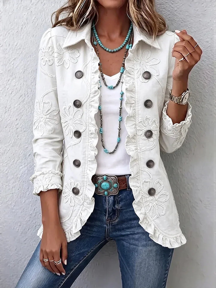 Floral Embroidered Utility Jacket – Vintage Boho Style with Ruffle Trim
