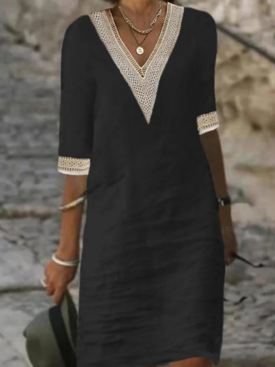 Women's Casual Dress Linen Blend V-Neck Lace Trim