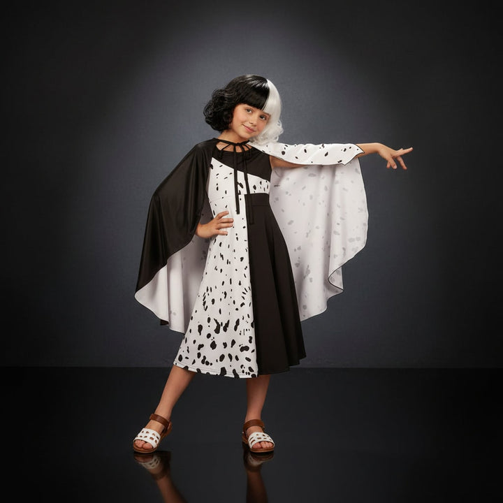 Kids' Halloween Black-and-White Fashion Villain Costume with Split Black and White Dress Cape