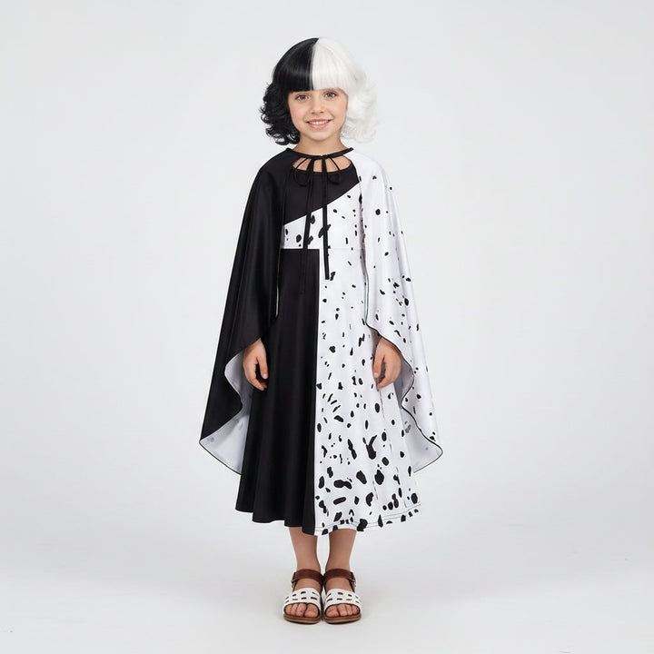 Kids' Halloween Black-and-White Fashion Villain Costume with Split Black and White Dress Cape